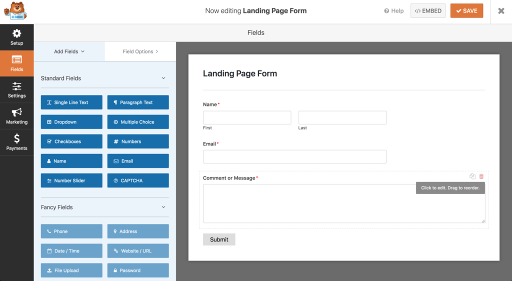 WP Forms from builder screenshot