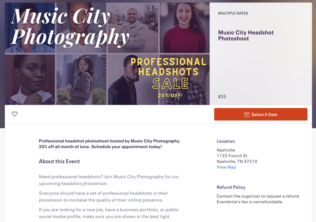 Eventbrite landing page for an example photography business