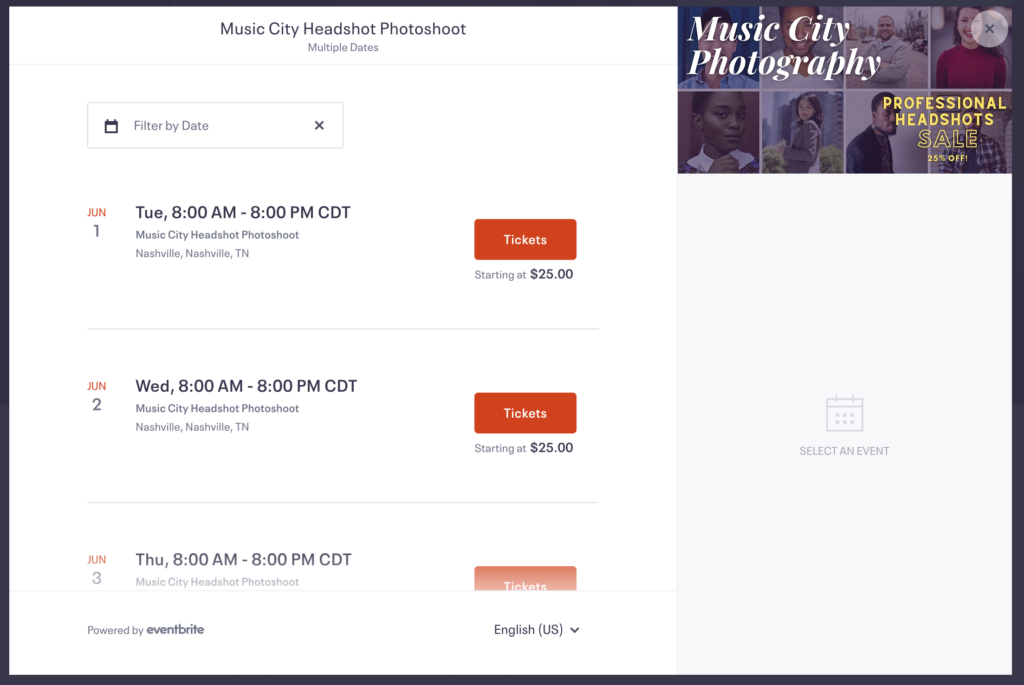 Eventbrite ticket selection page for an example photography business