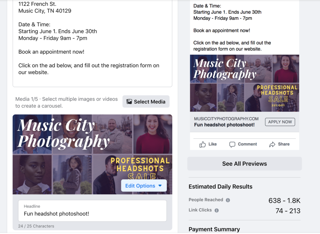 Example of a Facebook ad setup for an photography event