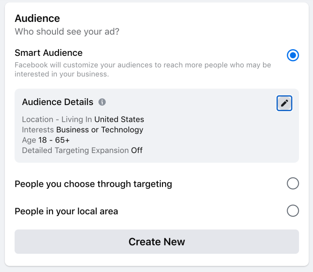 Facebook ad tool's audience configuration setting