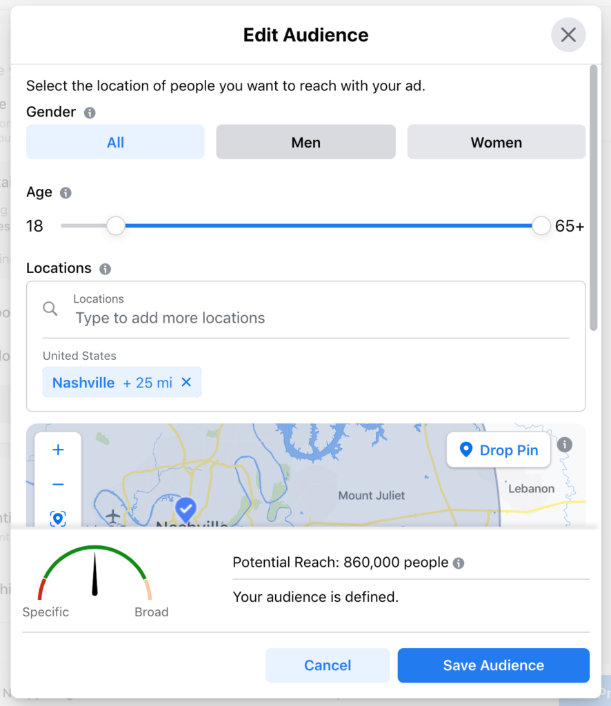 Facebook ad tool's audience age configuration setting