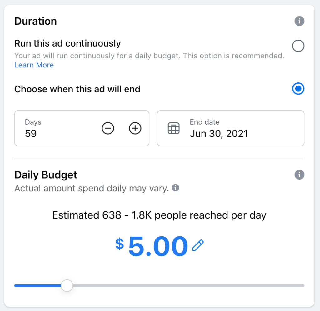 Facebook ad tool's duration configuration setting