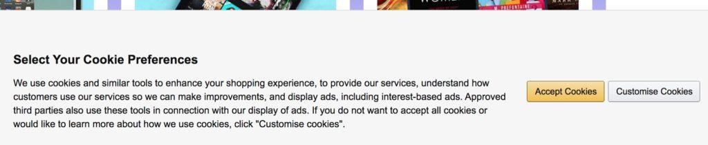 Amazon home page's cookie notice
