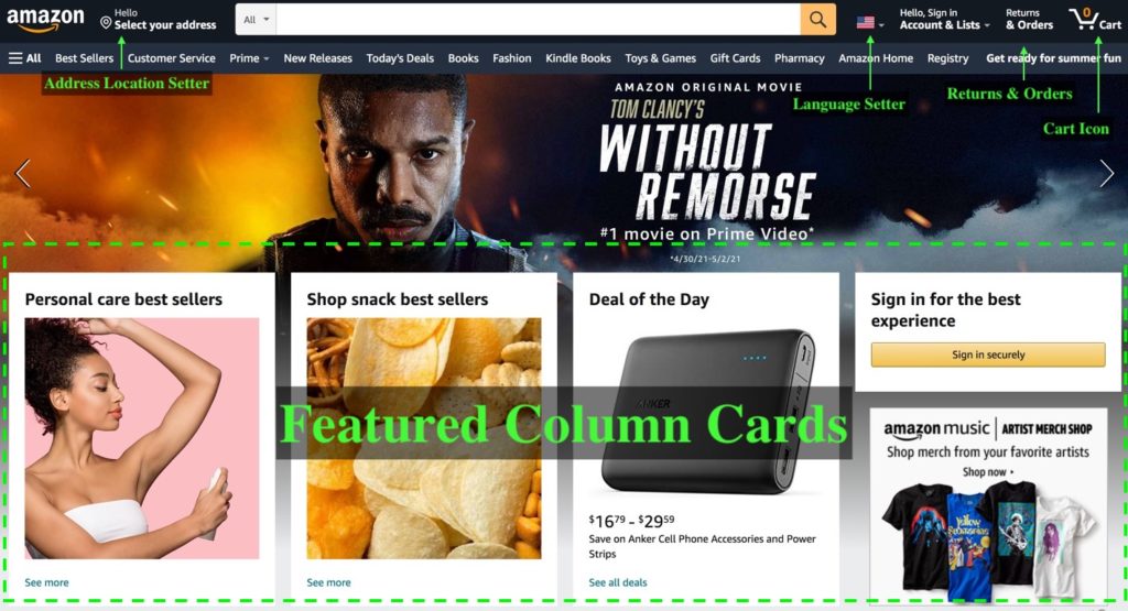 Amazon home page's feature highlights